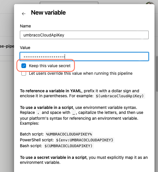 Make the variable secret in Azure DevOps