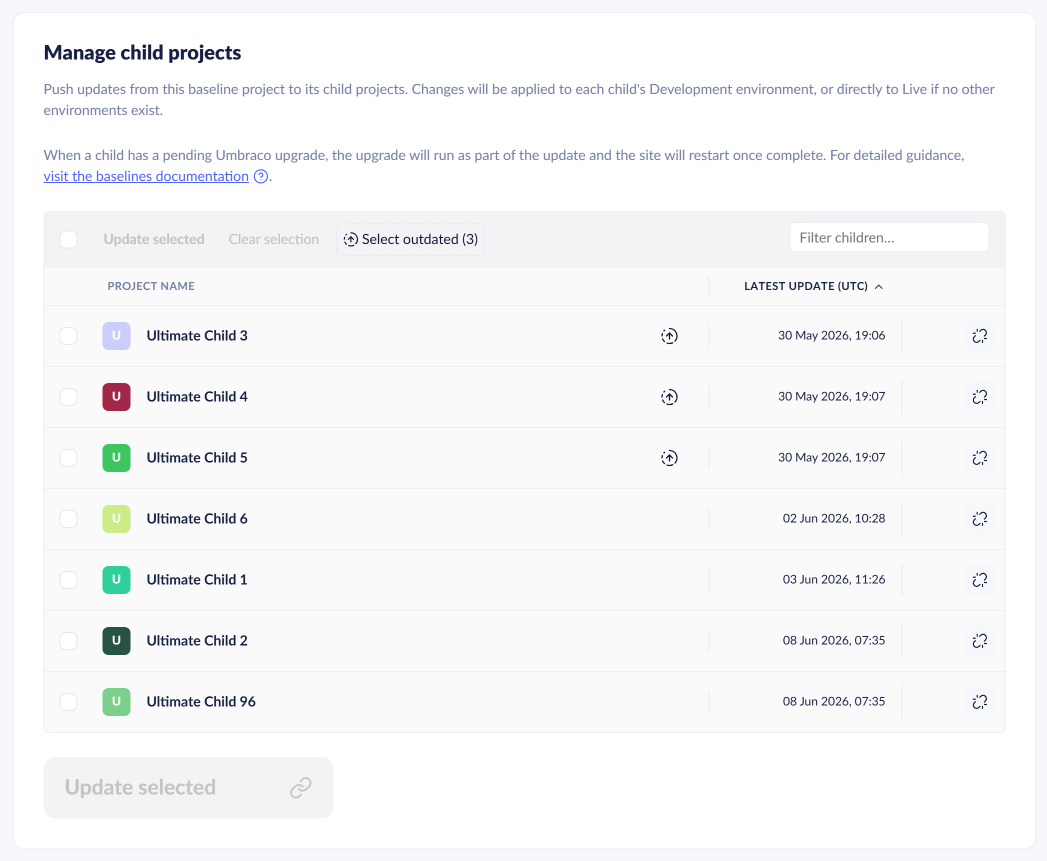 Baselines - Manage child projects page