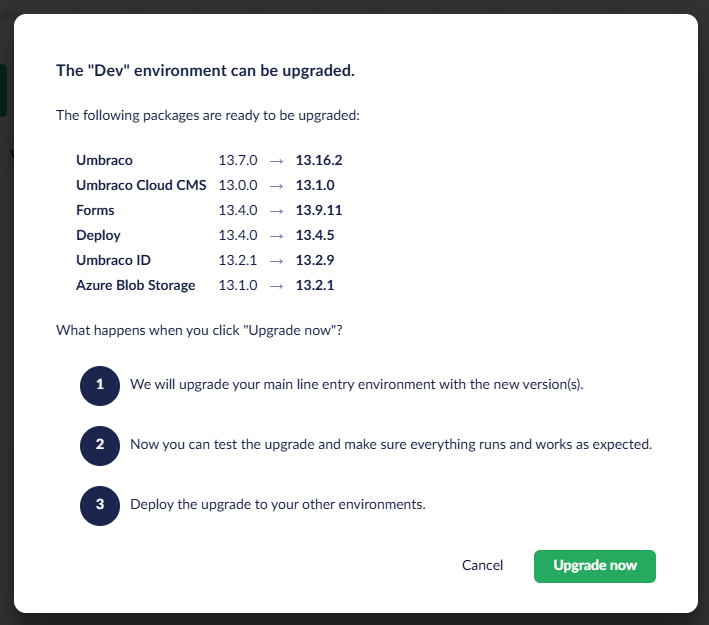 Confirmation dialog listing six packages with current and target versions, and the three steps of the upgrade