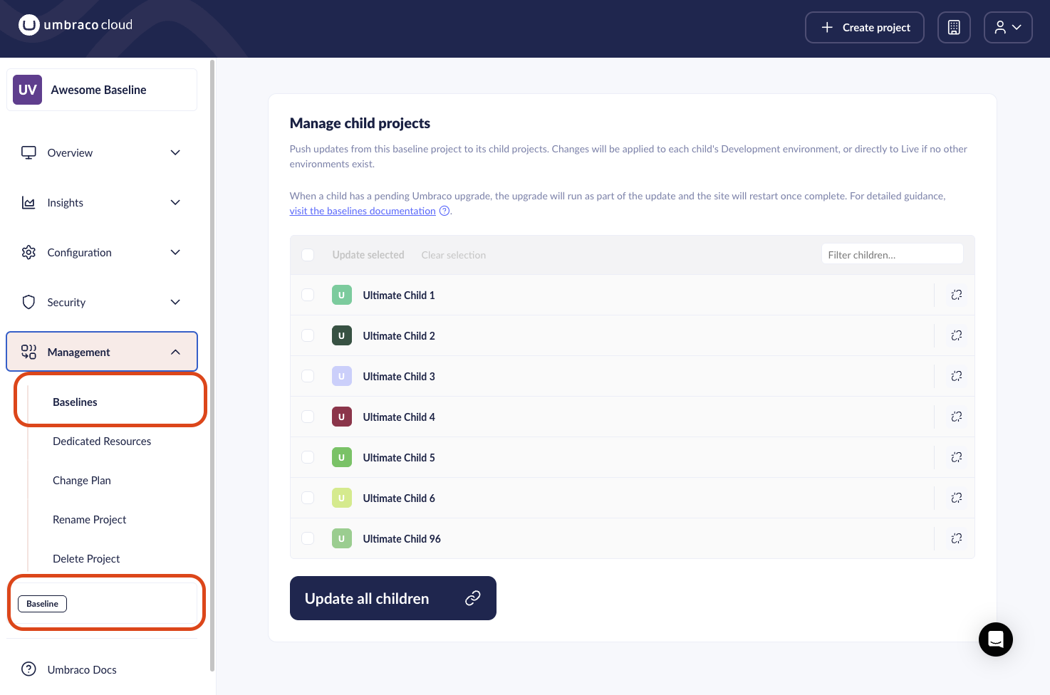 The Baselines management page showing connected Child projects