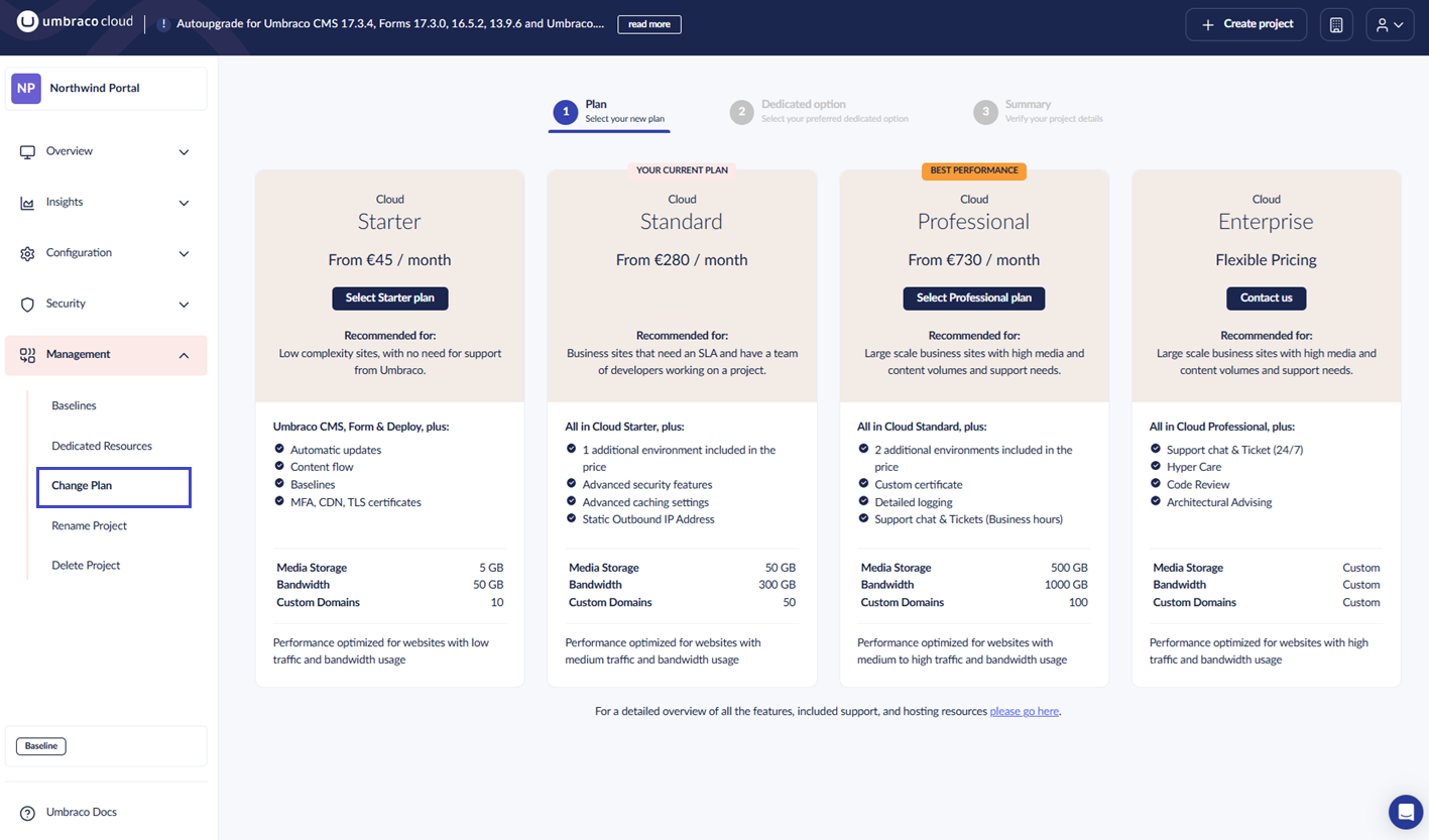 Change Plan menu