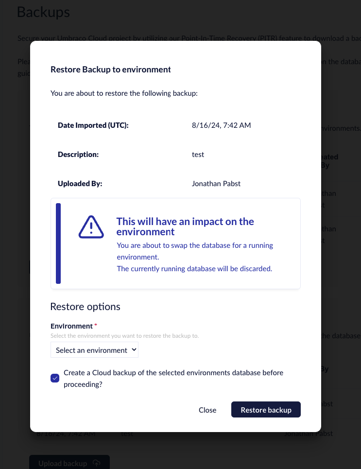 Restore Backup to environment.