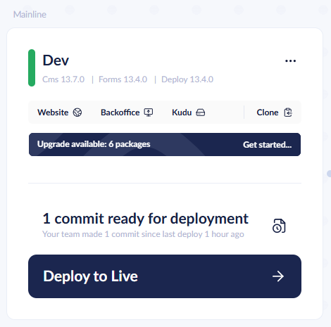 Upgrade available banner on the Dev environment card showing 6 packages