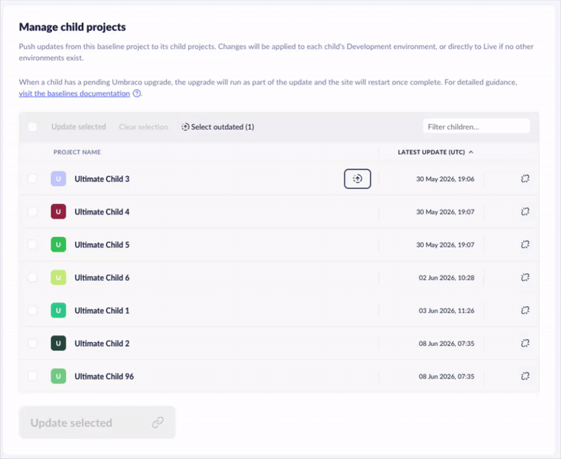 Baselines - Show components on child project that are behind the baseline