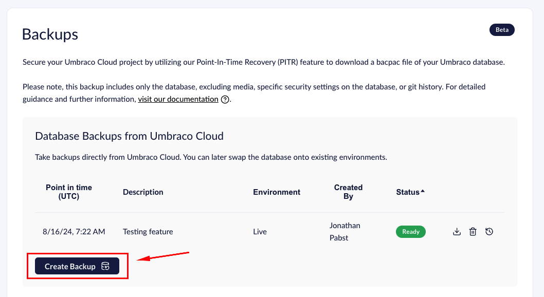 Click Create Backup.