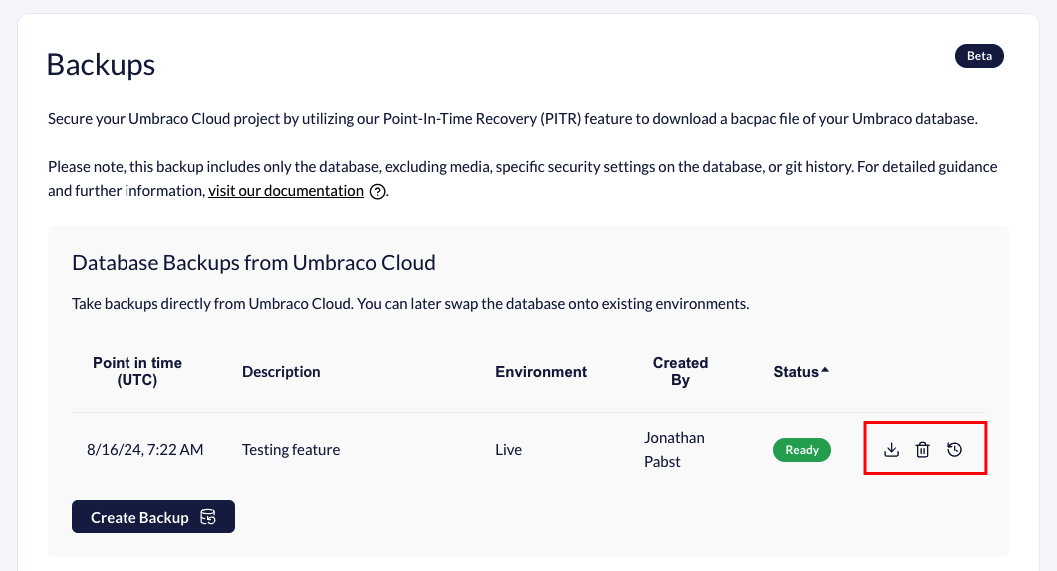 Download or delete backup